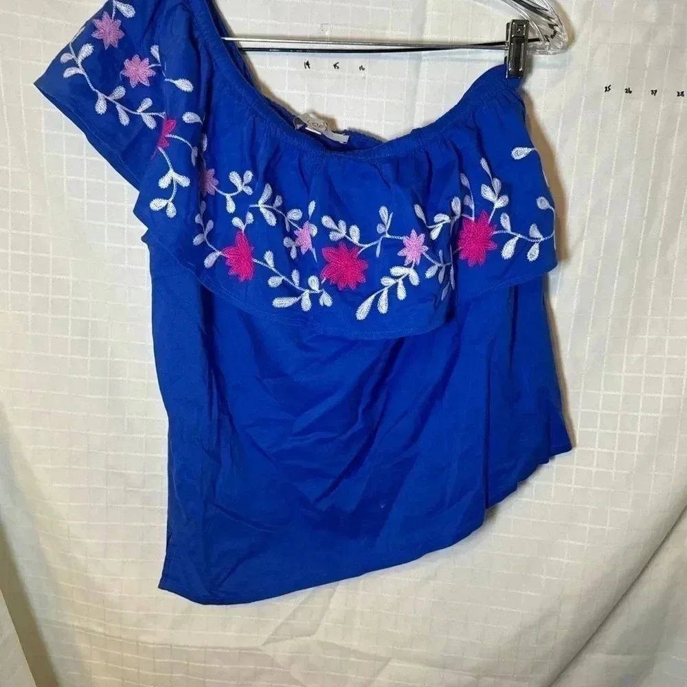 Ann Taylor loft Size medium one shoulder embroidered Blue Blouse Ruffle shirt